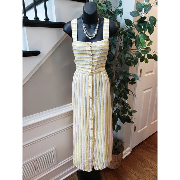 Rachel Zoe Long Maxi Dress Womens 6 Yellow Striped Linen Wide Strap Button Front - Picture 10 of 13